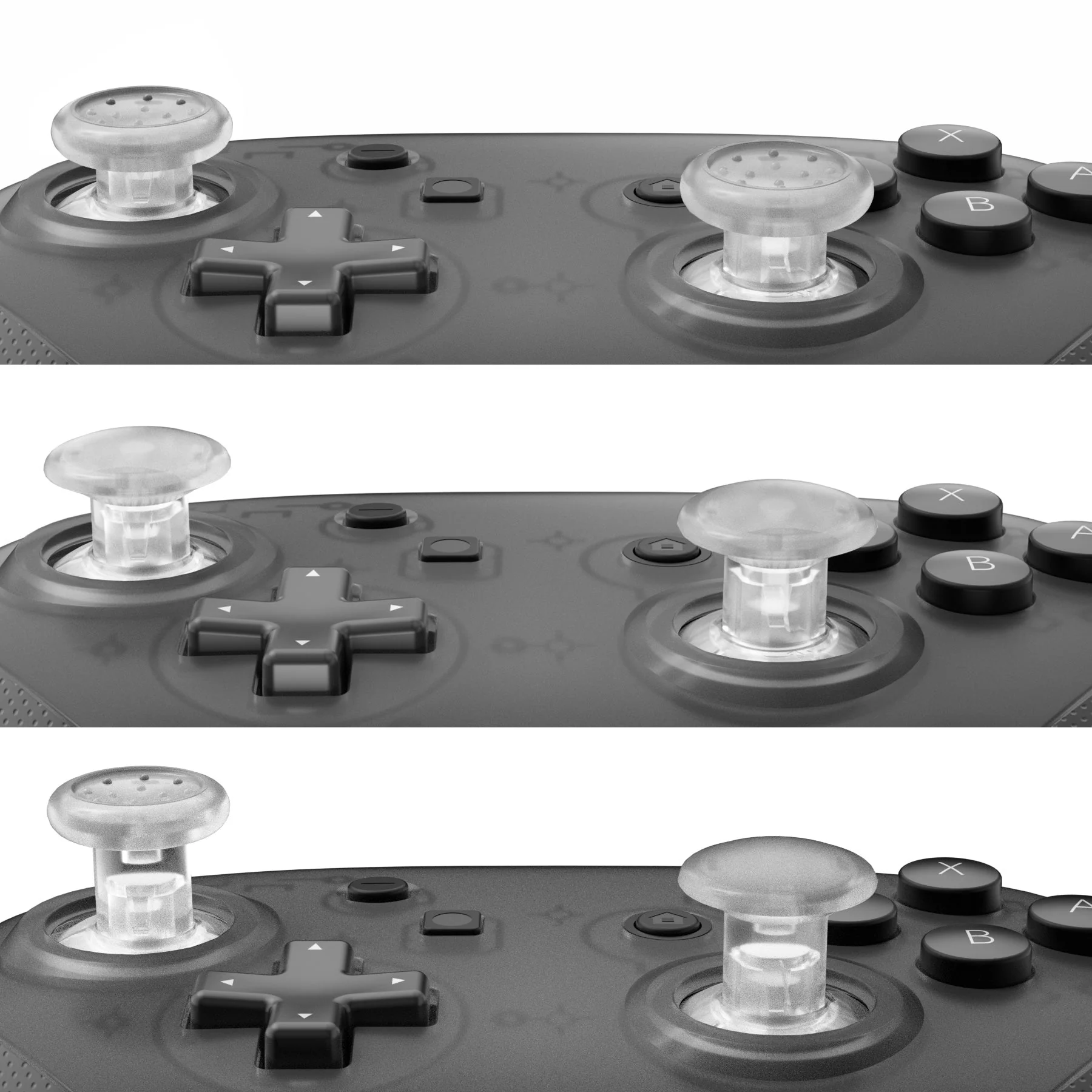 eXtremeRate Interchangeable Ergonomic Thumbsticks with 3 Height Domed and Concave Grips for Nintendo Switch Pro Controller - Transparent Clear - Image 3