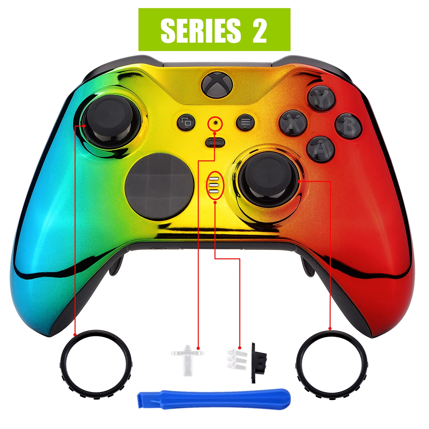 eXtremeRate Replacement Front Housing Shell Case with Accent Rings for Xbox One Elite Series 2 & Elite 2 Core Controller (Model 1797) - Chrome Cyan Gold Red Glossy - Image 4