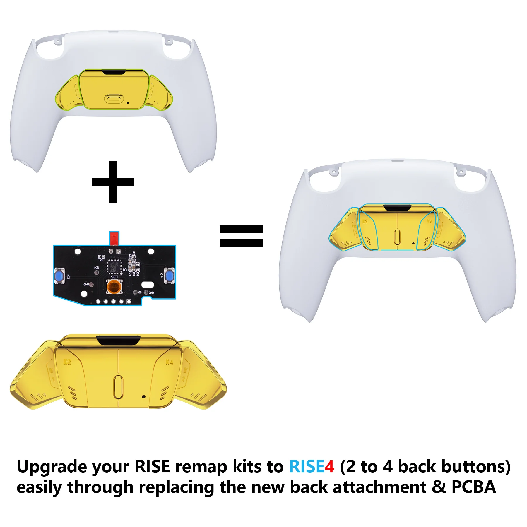 eXtremeRate Turn RISE to RISE4 Kit – Redesigned K1 K2 K3 K4 Back Buttons Housing & Remap PCB Board for eXtremeRate RISE & RISE4 Remap kit, Compatible with PS5 Controller - Chrome Gold - Image 2