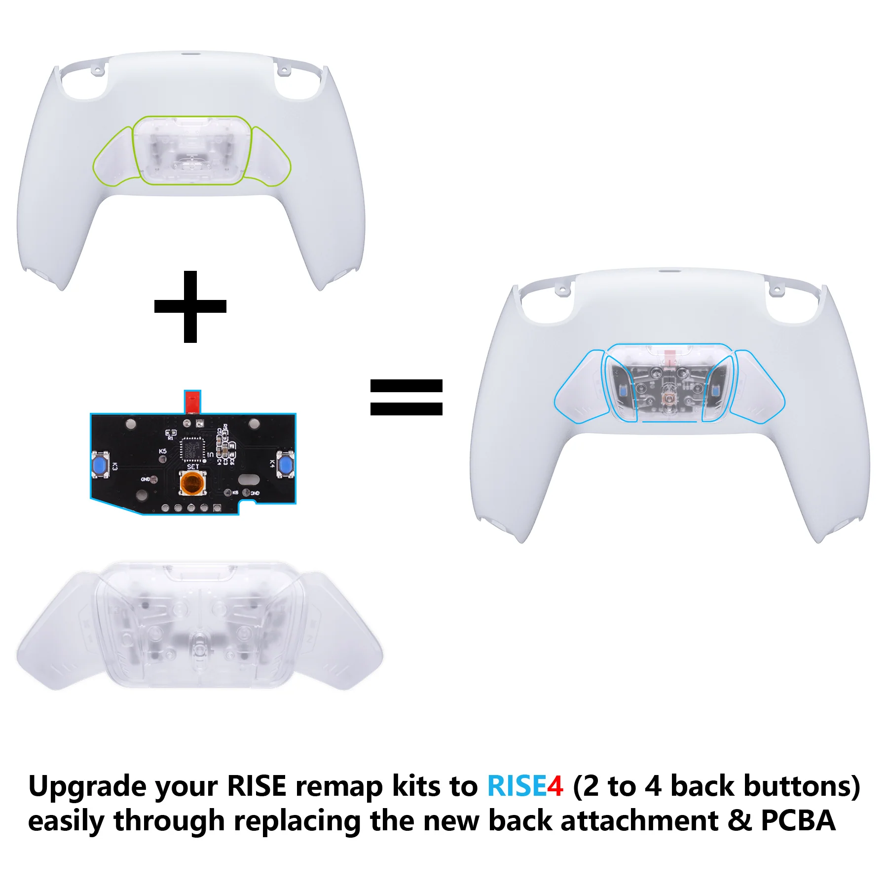 eXtremeRate Turn RISE to RISE4 Kit – Redesigned K1 K2 K3 K4 Back Buttons Housing & Remap PCB Board for eXtremeRate RISE & RISE4 Remap kit, Compatible with PS5 Controller - Transparent Clear - Image 2