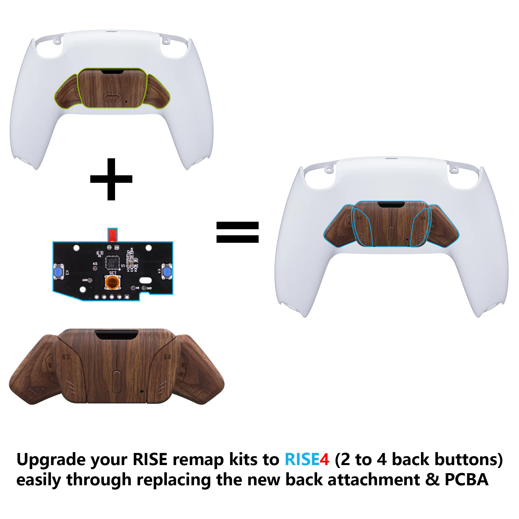 eXtremeRate Turn RISE to RISE4 Kit – Redesigned K1 K2 K3 K4 Back Buttons Housing & Remap PCB Board for eXtremeRate RISE & RISE4 Remap kit, Compatible with PS5 Controller - Wood Grain - Image 2