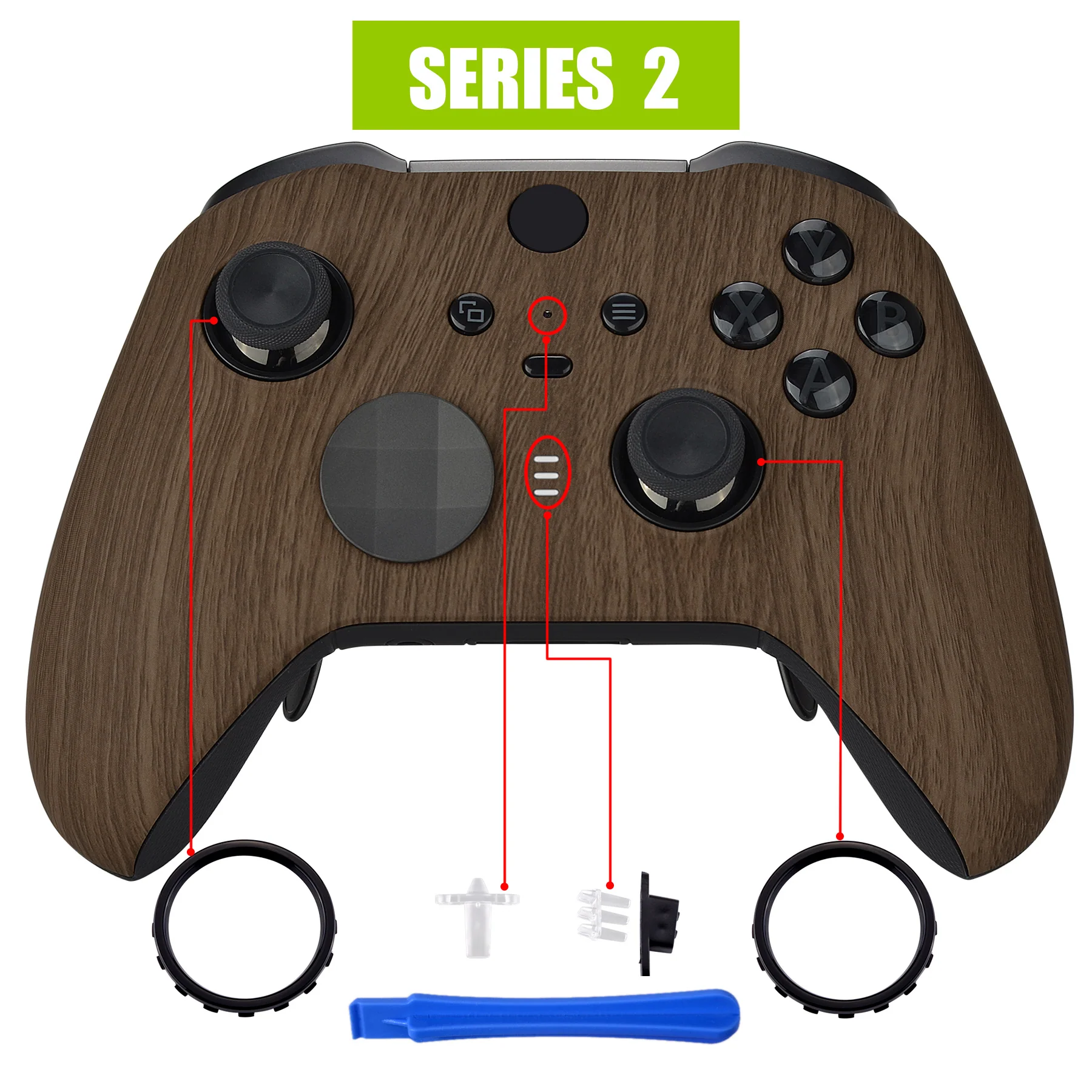 eXtremeRate Replacement Front Housing Shell Case with Accent Rings for Xbox One Elite Series 2 & Elite 2 Core Controller (Model 1797) - Wood Grain - Image 4